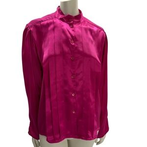 Vintage Esprit Fuchsia Pink Satin Pintuck Pleated Mandarin Collar Blouse 80s 90s